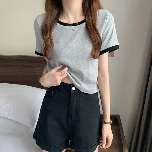 

Short-sleeved t-shirt women's 2022 new summer round neck top gray22