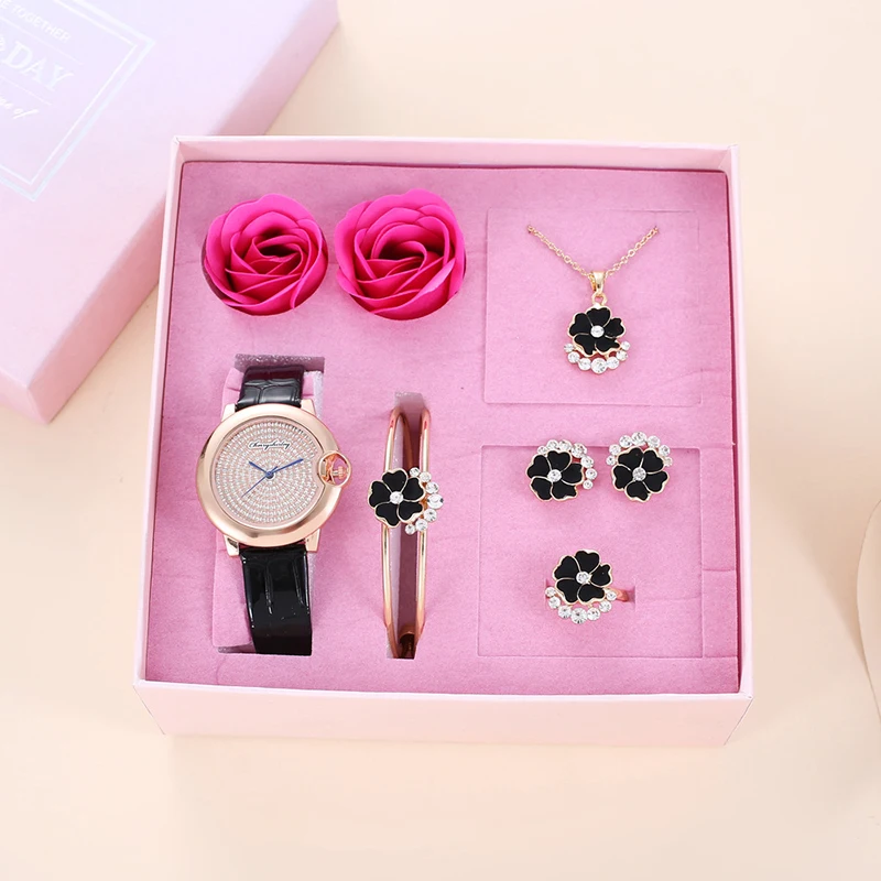 2023 Hot Selling Exquisite Love Snowflake Creative Flower Bracelet Women's Leisure Watch Set Holiday Girlfriend Gift Set