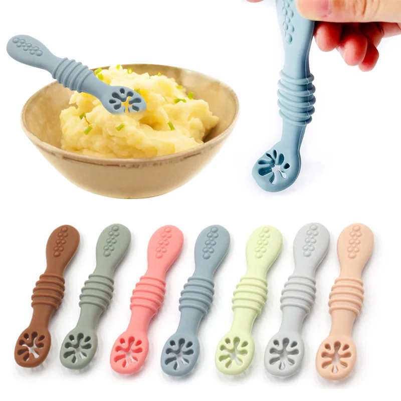 

Baby Silicone Feeding Spoon Dual Purpose Baby Teether Toys Soft Bite Resistant Baby Molar Stick Baby Eating Training Utensils