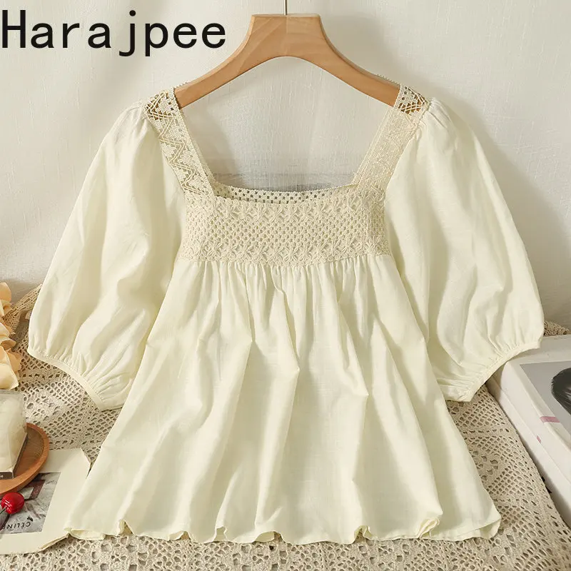 

Harajpee Casual Women Shirts Square Collar Hollow Out Summer 2923 New Elegant Sweet Loose Blouse French Style Ladies Tops