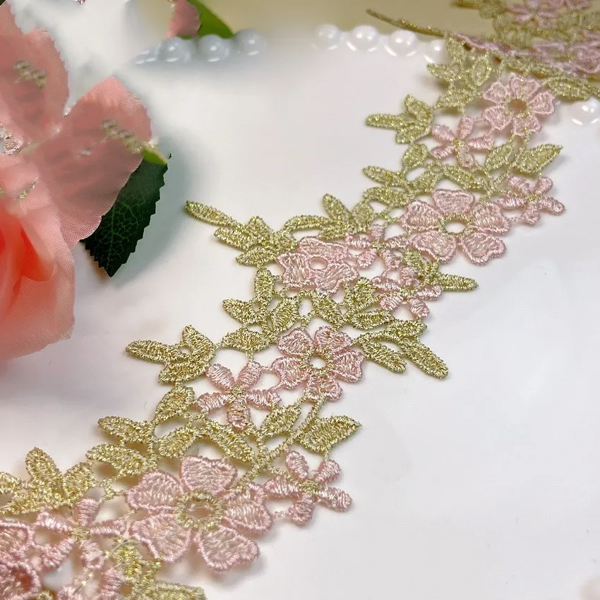 

5-6,5 ярдов, ширина см, золотистый и розовый полый цветок, венецианская кружевная ткань «сделай сам», аксессуары для одежды различной одежды, б...