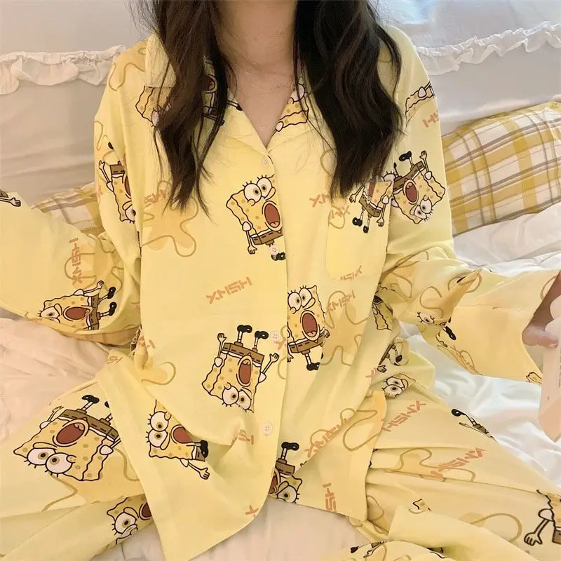 

Новинка Kawaii милые Губка Боб Квадратные брюки пижамы костюм с длинным рукавом Домашняя одежда Ins милая девочка Рождественский подарок для де...