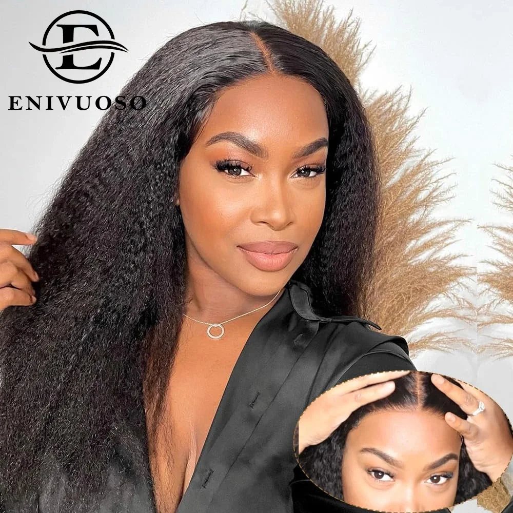 

Kinky Straight Wear And Go Glueless Wigs Heat Resistant Fiber 180 Density Yaki Straight 4X4 Synthetic Lace Closure Wig For Women