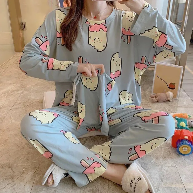 

Женский пижамный комплект, свободная повседневная домашняя одежда, женская одежда для сна с мультяшным принтом, рубашка с длинным рукавом и штаны, костюм для сна
