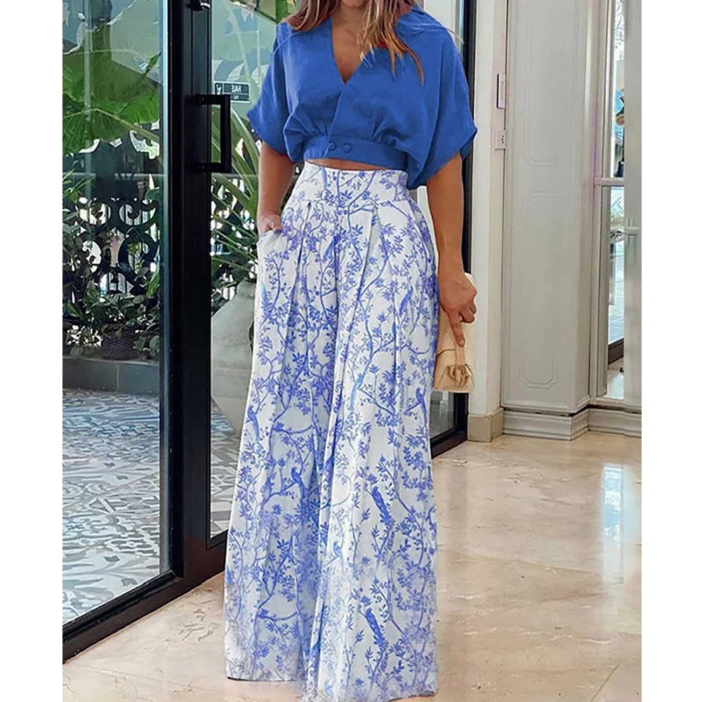 

Wepbel Two Piece Set Outfits Blue Batwing Sleeve Short Lapels Top Summer Tshirt Top Women Trousers Suit Wide-Leg Bell-Bottoms