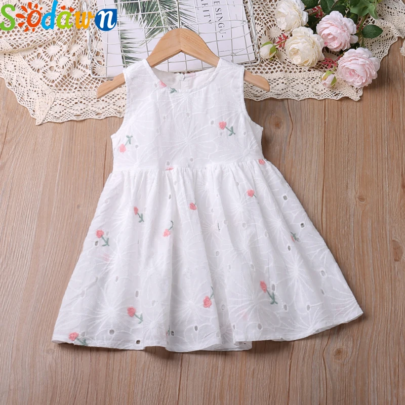 

Sodawn 2023 Summer White Sleeveless Dress Embroidered Flower Casual Dress Sun Dress For 2-6 Years