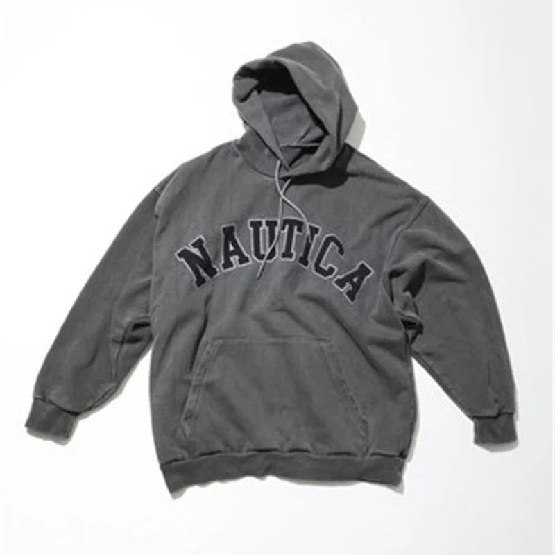 

Embroidery 23SS NAUTICA JAPAN On Chest Dilapidated Washing Sweater Drawstring Pocket Men's And Women's Loose Hooded