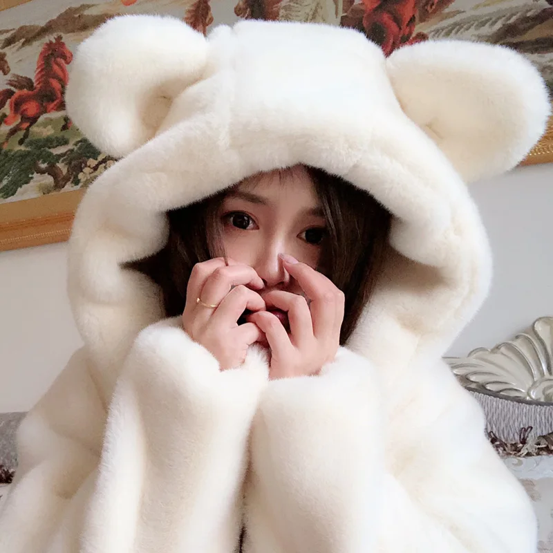 Young New Winter Imitation Fur Cute Hooded Bear Lamb Wool Mid-Length Coat Female