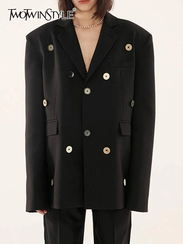 

TWOTWINSTYLE Autumn Minimalist Spliced Buttons Blazers For Women Notched Collar Long Sleeve Solid Loose Blazer Female Fashion