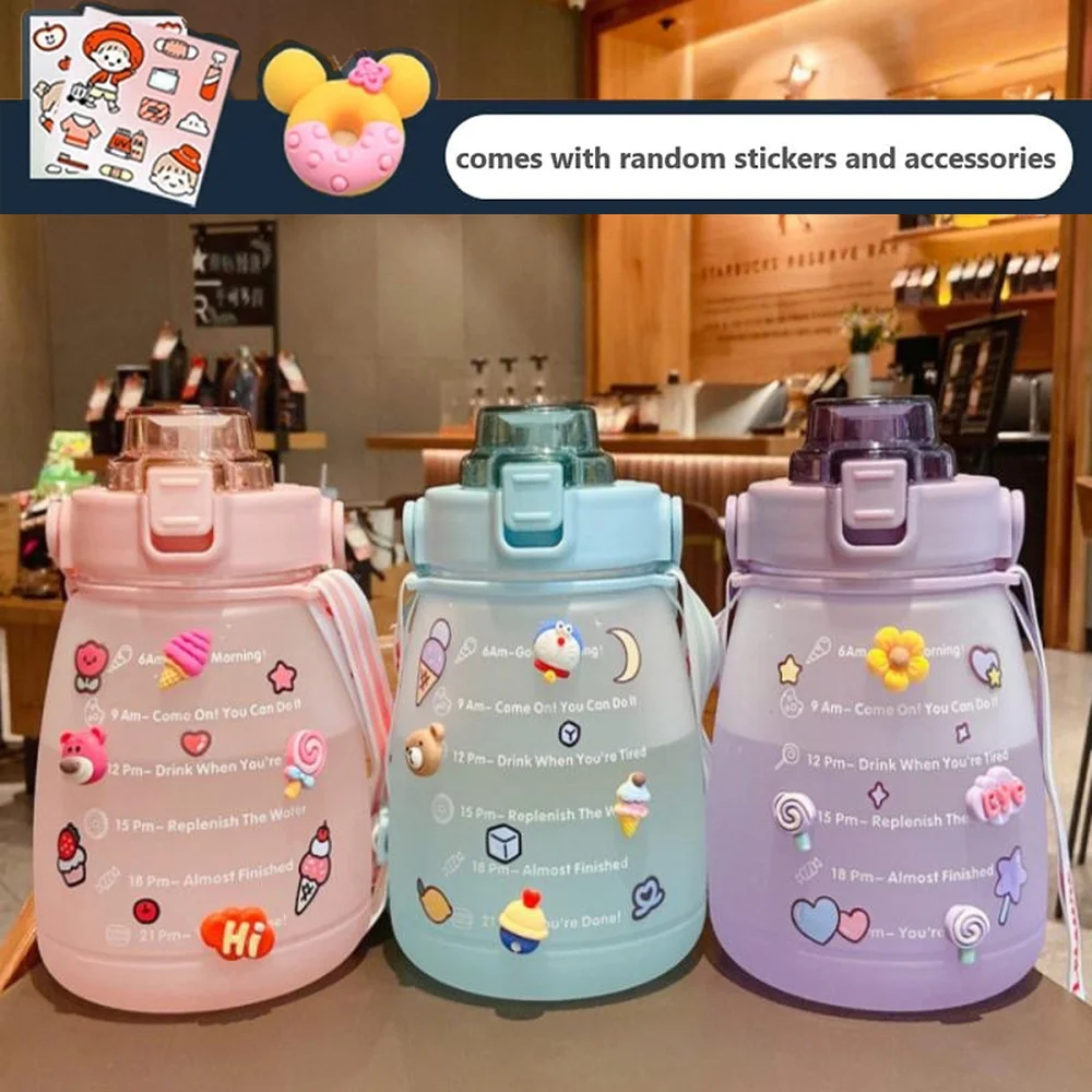 

1.4L Cute Pot Belly Cup Portable Large-capacity Straw Cup Kawaii Student Children's Sports Water Bottle with Random Stickers