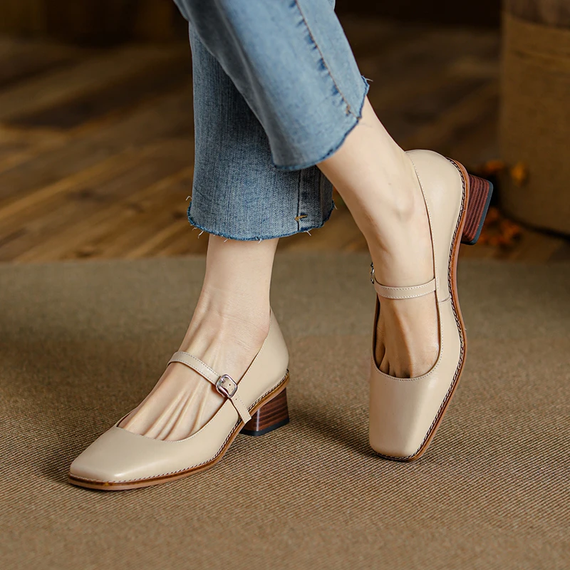 Женские Туфли Мэри Джейн туфли из натуральной кожи на низком каблуке с пряжкой и