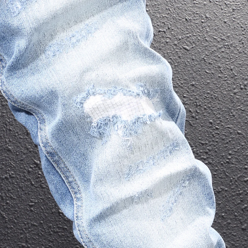 Italian Style Fashion Men Jeans Retro Light Blue Slim Fit Patched Ripped Jeans Men Vintage Designer Stretch Denim Pants Hombre