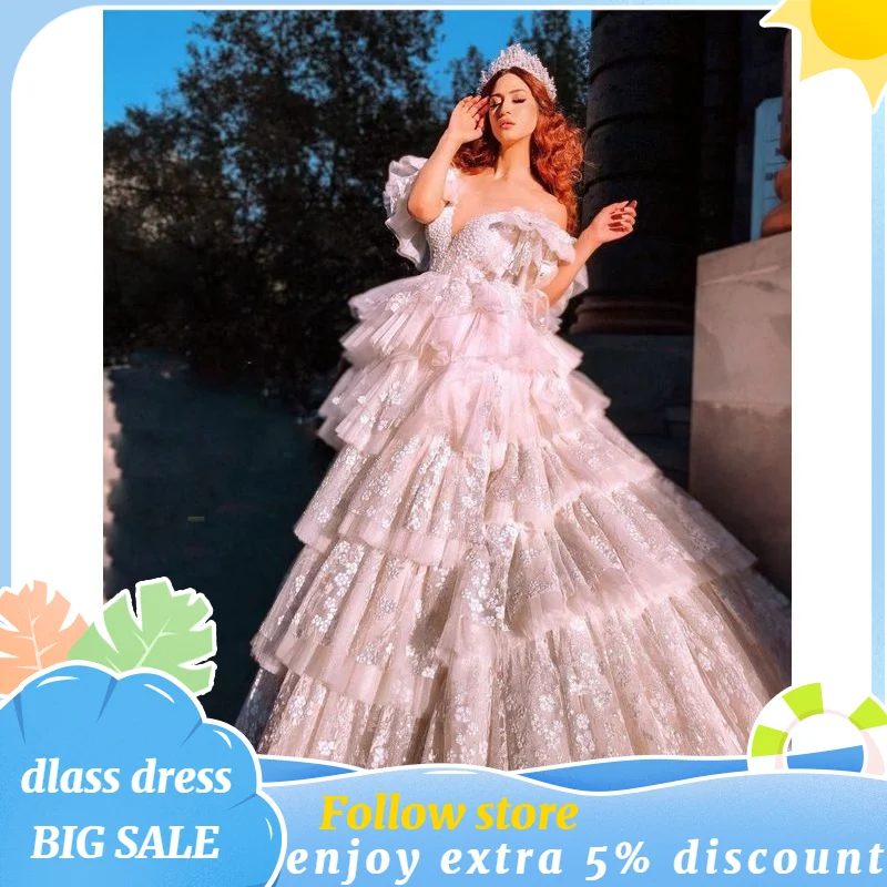 

Princess Peplum Prom Dress for Women 2022 Elegant Off Shoulder Fluffy With Train Tulle Lace Formal Wedding Party Bride Ball Gown