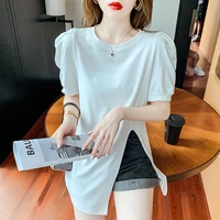 summer white black tops women 2022 korean appliques split cotton t shirt female short sleeve casual loose basic shirt s xl