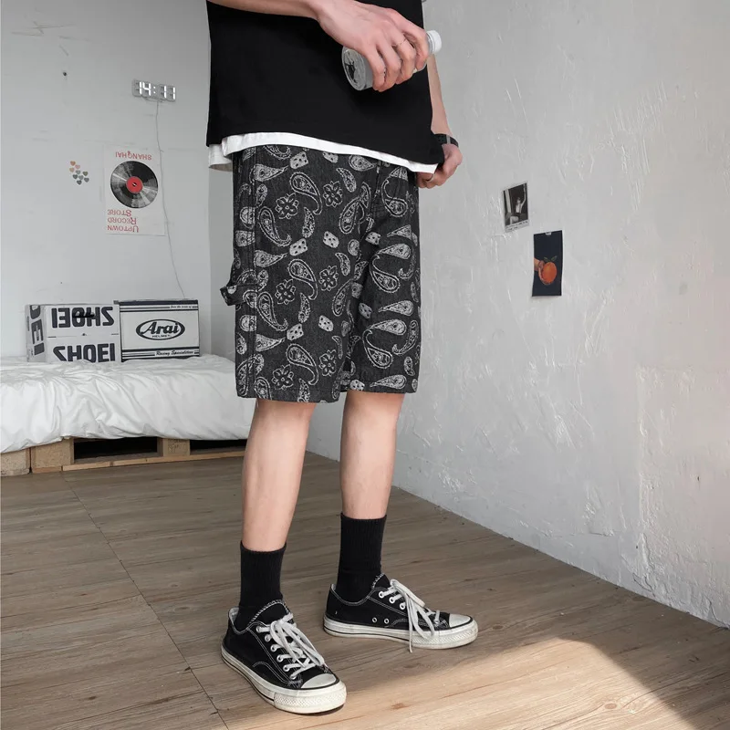 Streetwear Vintage Jeans Summer Fashion Printed Baggy Denim Shorts Men's Button Mid-Waist Denim Straight Shorts