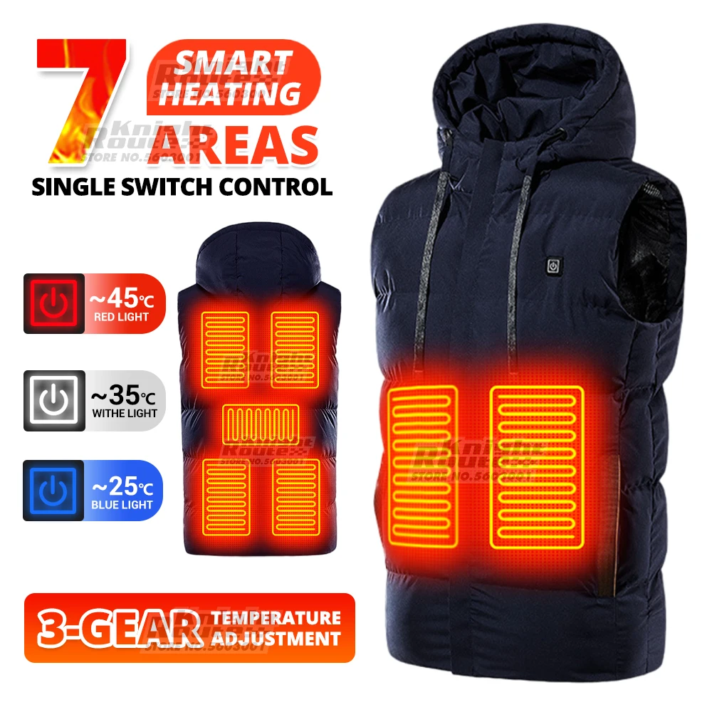 

7 Areas Heated Vest Winter Heating Jackets USB Ski Moto Motorbike Warm Vest Motorcycle Jacket Thermal Clothing Hiking Men Black