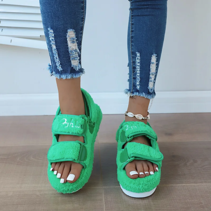 

2022 Fur Sandals Women Summer Thick Flat Slides Outdoor Sandals Girl Fashion Casual Sports Beach Shoes Ladies Open-Toe Shoes 42