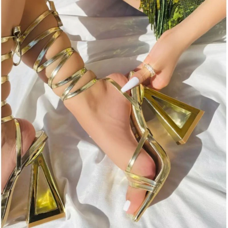 

2023 Summer New Sexy Cross Strap Shaped Heel High Heel Roman Sandals Party Ladies Elegant Dress Pumps Black Size 35-42