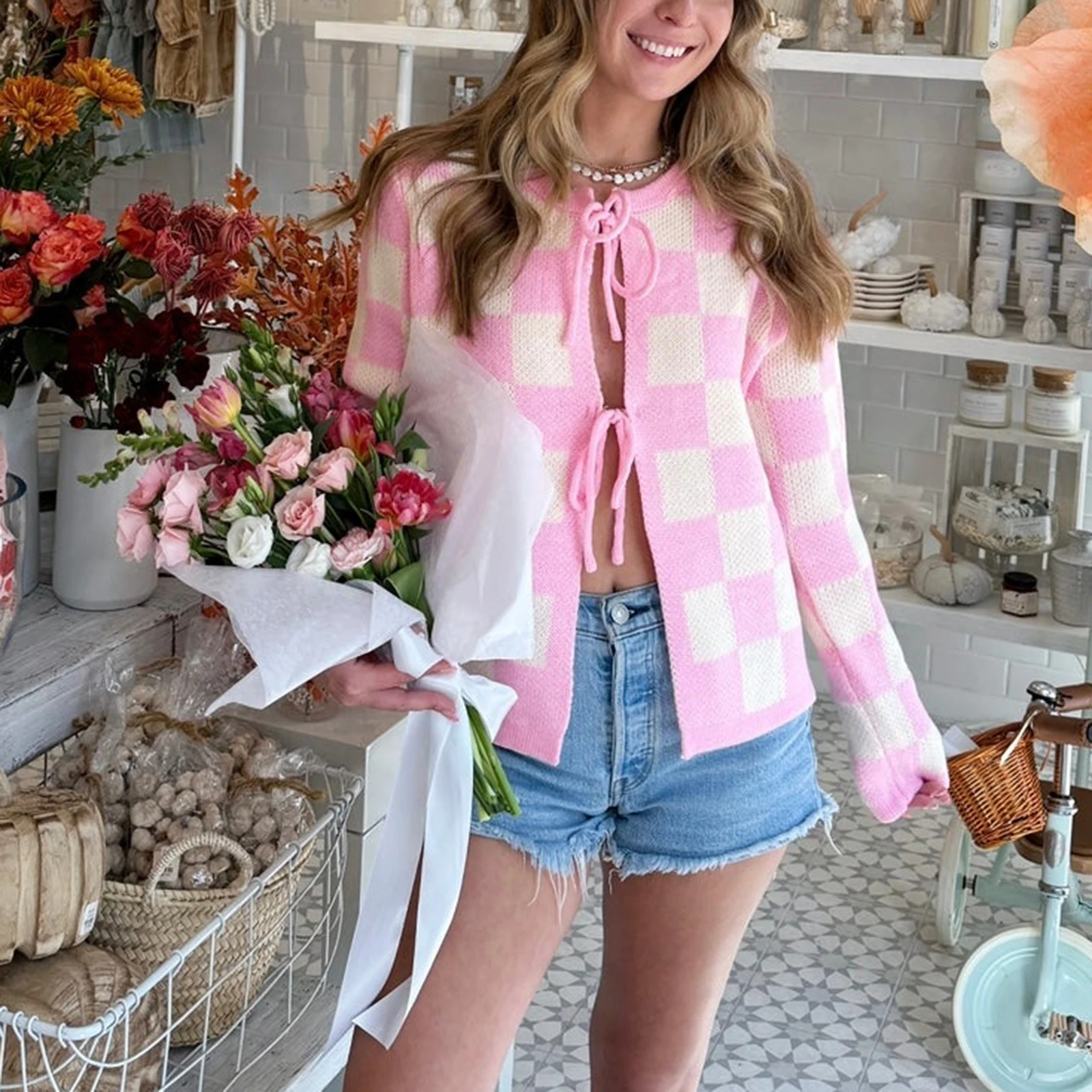 Модные женские клетчатые кардиганы свитера Y2K винтажная повседневная куртка с