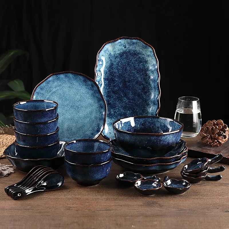 Nordic Blue Vintage Tableware Set Kiln Glazed Ceramic Rice Salad Round Dish Dinner Plate Bowl Dinnerware Set microwave safe