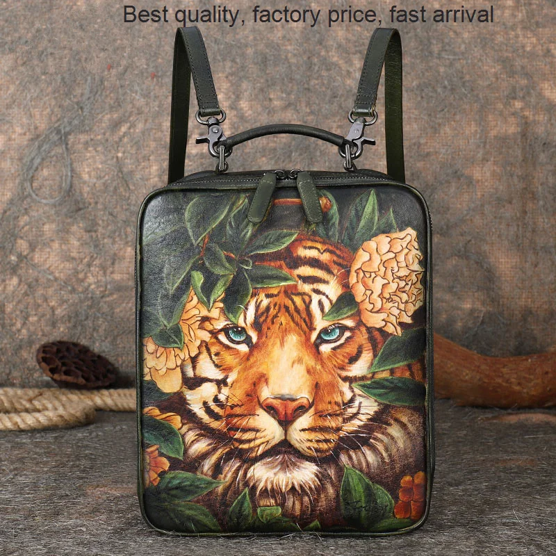 

High quality luxury brand Genuine Leather Women Backpack Hand-painted Female Small Backpacks New Original Design Tiger School Gi
