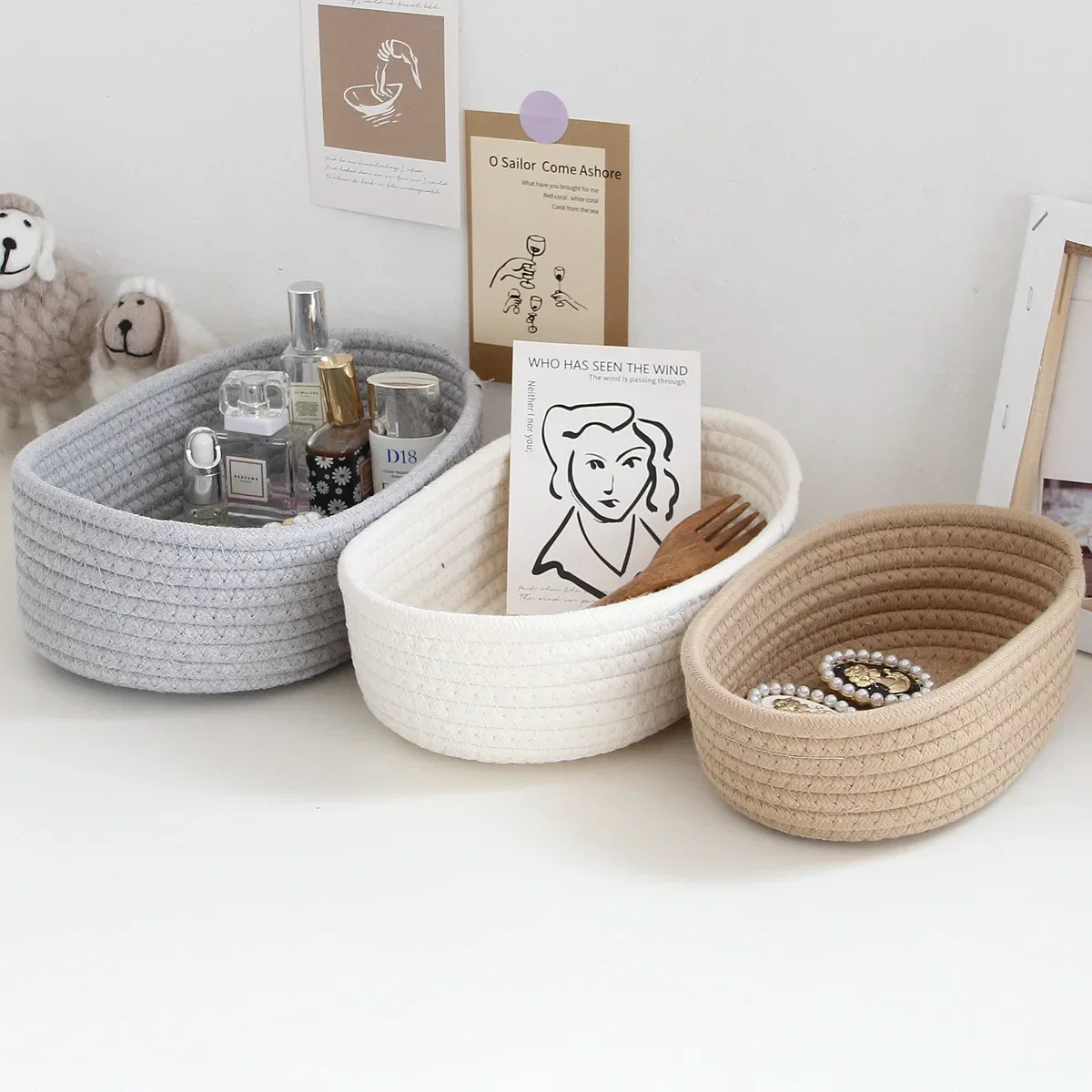 

Desktop Sundries Storage Basket Cosmetics Snacks Hallway Hand-woven Cotton Thread Boat Storage Basket