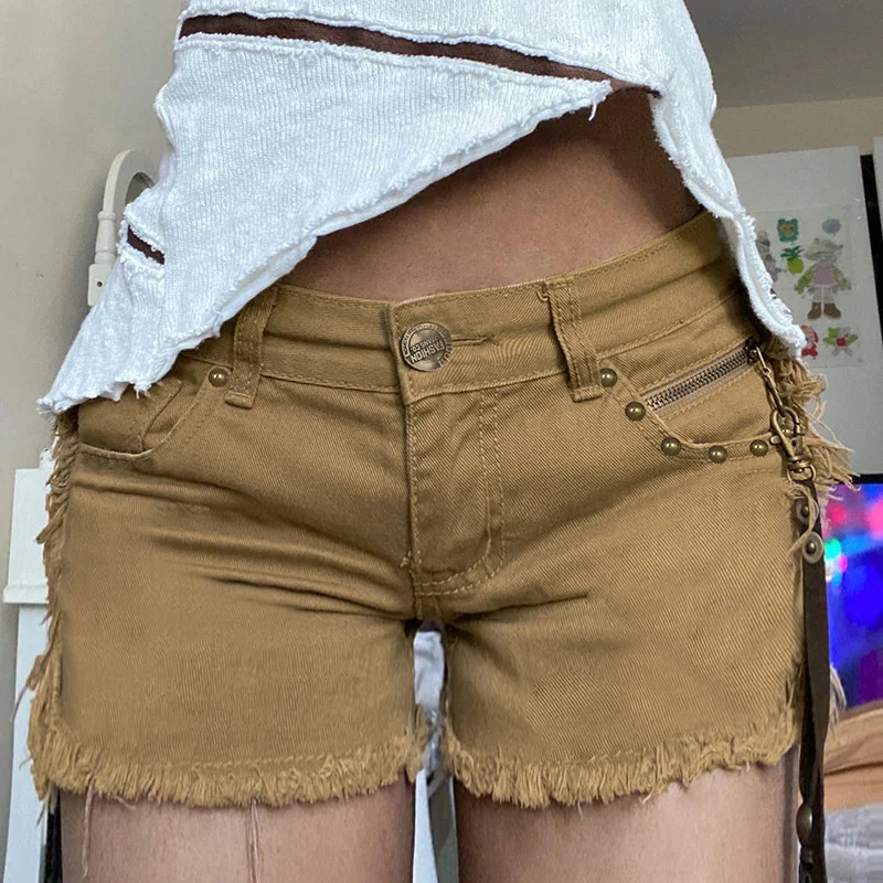 

Female Summer Y2K Grunge Cargo Jeans Ripped Shorts Solid High Waist Frayed Edge Denim Hot Pants Women Fashion Punk Street Style