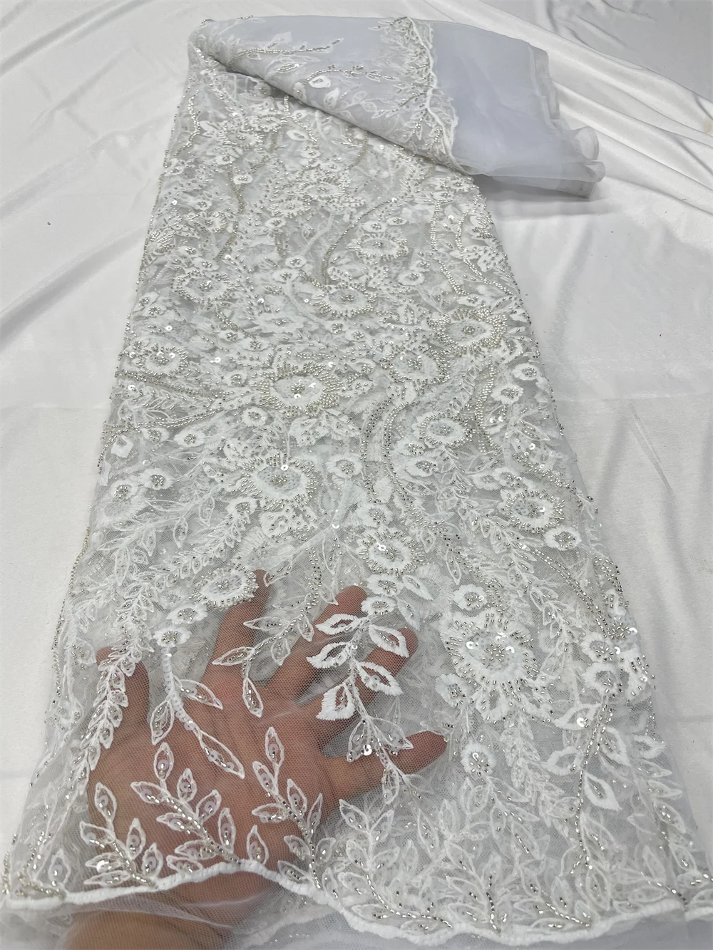 

Luxury African French Embroidery Tulle With Shiny Sequins Pearls 2023 High Quality Beaded Lace Bridal Fabric For Wedding PL262-4