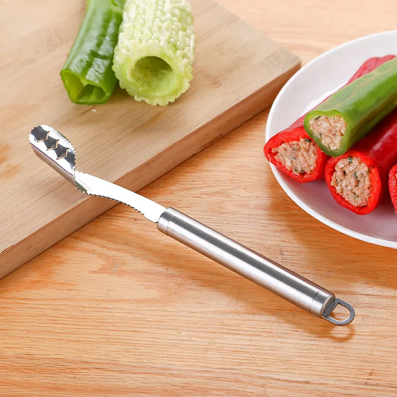 

Stainless Steel Pepper Corer Silver Serrated Seed Remover Slicers Cutter Portable Kitchen Gadget Tools