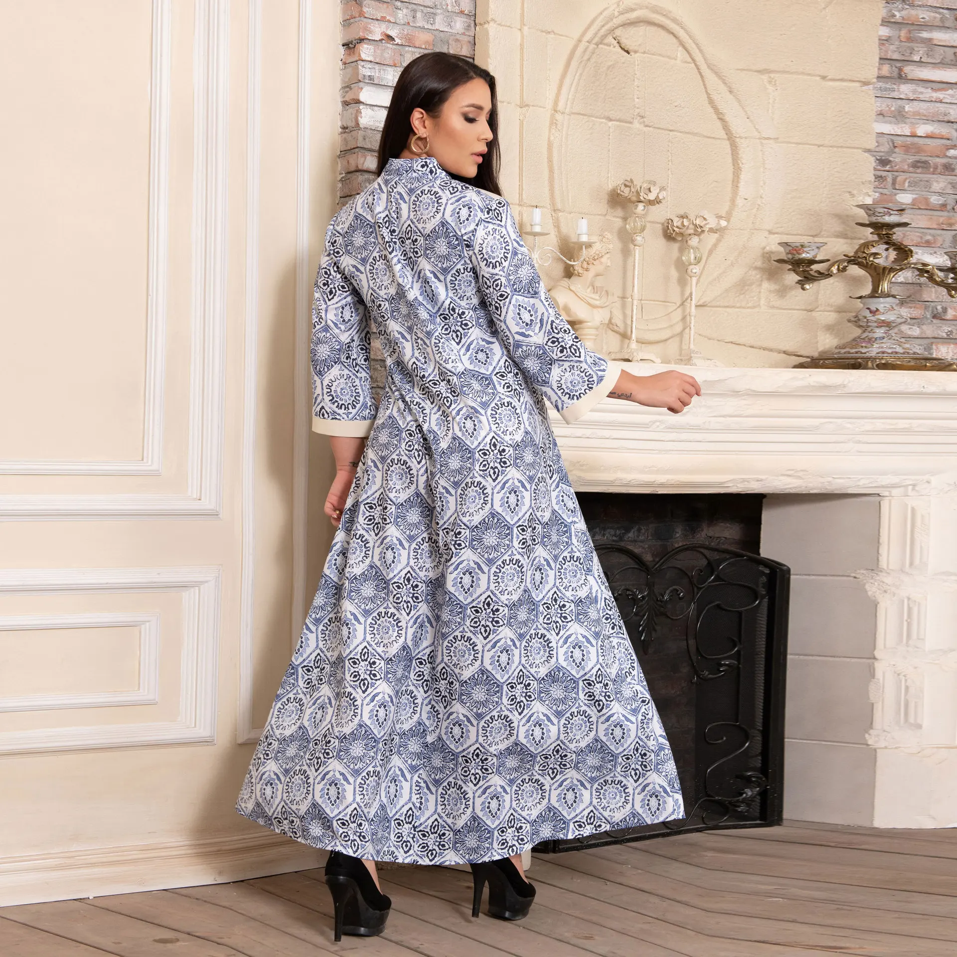Sequins Imitation Linen Muslim Dress Women Jalabiya Printed Moroccan Caftan Islam Modest Dubai Abaya Saudi Robe Party Ramadan