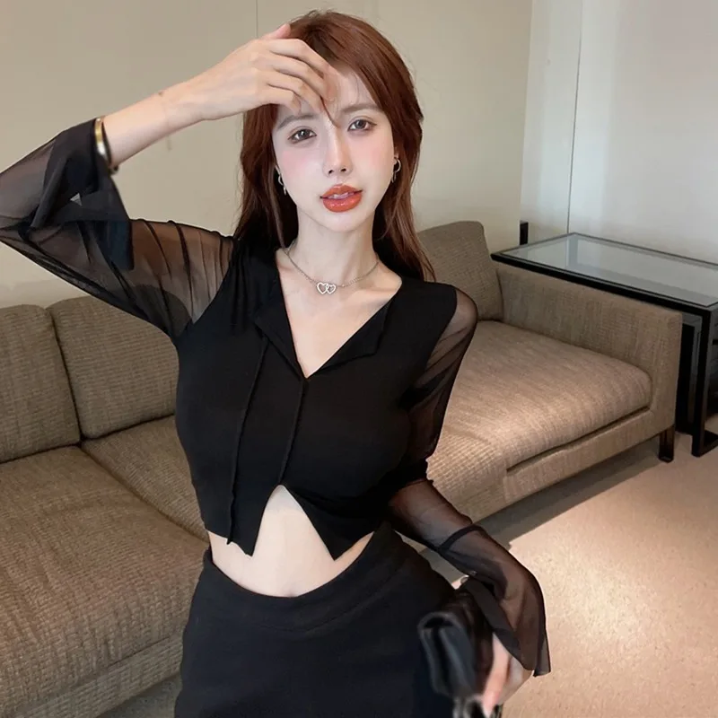 

Autumn Woman's Tops Gauze Splicing Long-sleeved Korean Version Umbilical Shirt