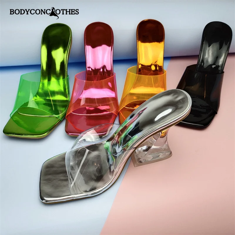 Сандалии женские прозрачные на квадратном каблуке ПВХ платформа Роскошные