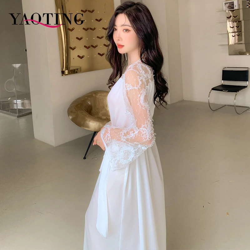 

YAOTING Women Robe Suit Pajamas Nighty&Satin Kimono Bathrobe Gown Nightdress Silky Lace Sleep Set Nightwear Sexy Nightgown