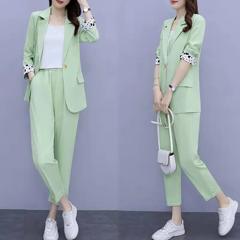 Spring and Summer Women's Suit Thin Temperament Small New Seven Point Sleeve Large Nine Trousers Three Piece