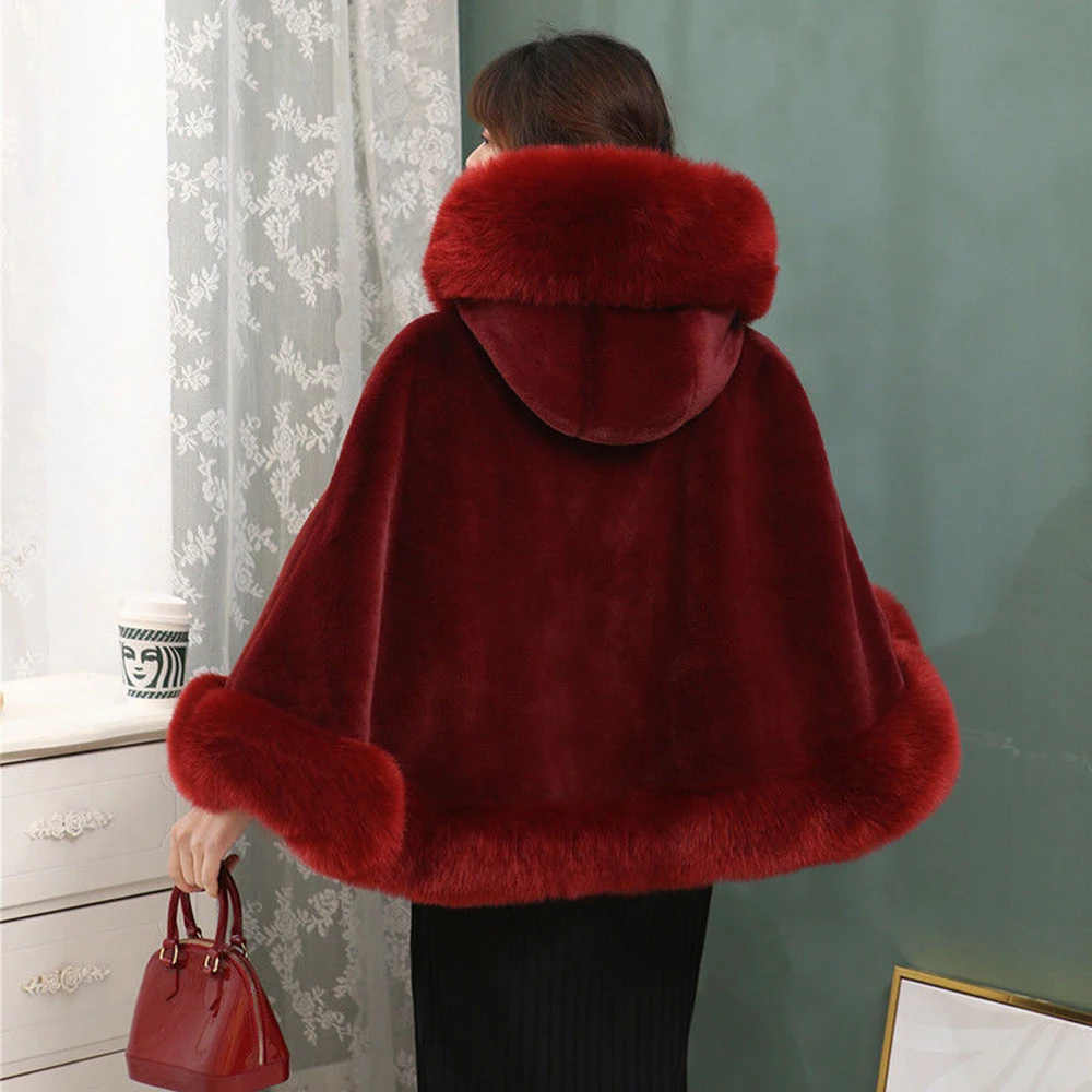 Women Hooded Capes Cloak Winter Thick Warm Hoodie Fur Shawl White Red Black Wedding Dress Bride Fur Cape Ponchos Thicken