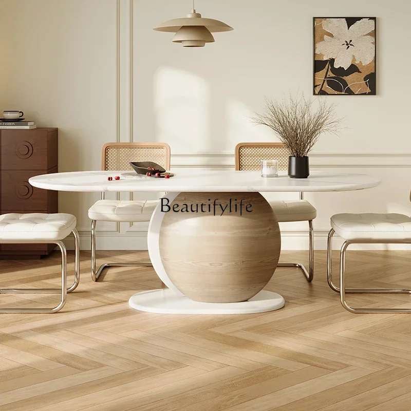 Обеденный стол и стулья из массива камня французский белый терраццо овальное