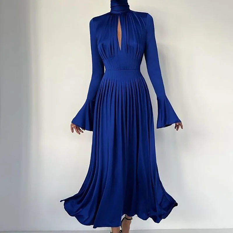 

Elegant Turtleneck Solid Color Banquet Dress Women Hollow High Waist Pleated Long Dress Autumn Flare Sleeve Big Hem A-line Dress