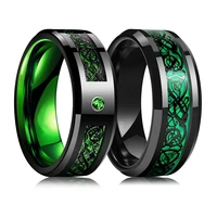 fashion men 8mm black tungsten wedding celtic dragon ring inlaid green zircon punk men stainless steel green carbon fibre ring