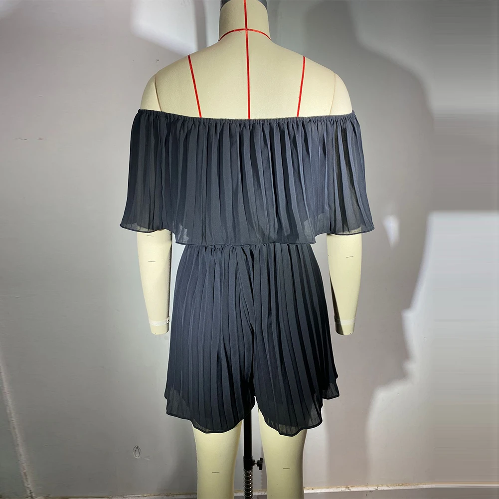 Women Off Shoulder Playsuits Slash Neck Rompers Pleated Dress Short Pants Office Ladies Jumpsuits 2023 Elegant Woman Costume