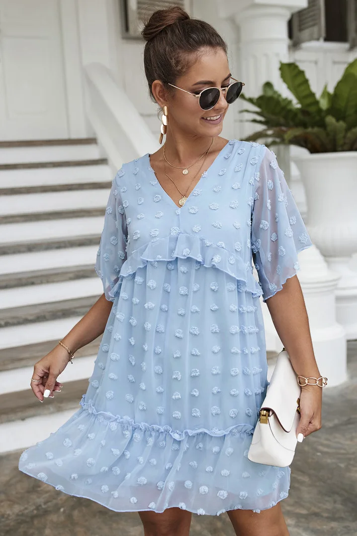 

Summer Beach Chiffon Dress For Women Casual Loose Short Sleeve Polka Dot Dresses Ladies Blue Elegant V Neck Sundress Vestidos