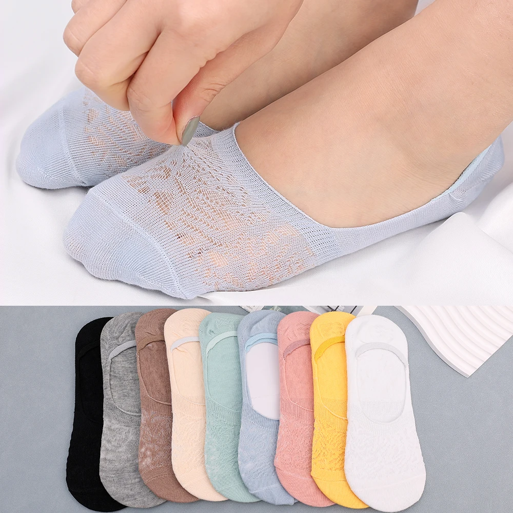 5pairs Women Boat Socks Summer Invisible Mesh Ankle Short Stockings Silicone Non-slip Breathable Lace Solid Low Tube Cotton Sock