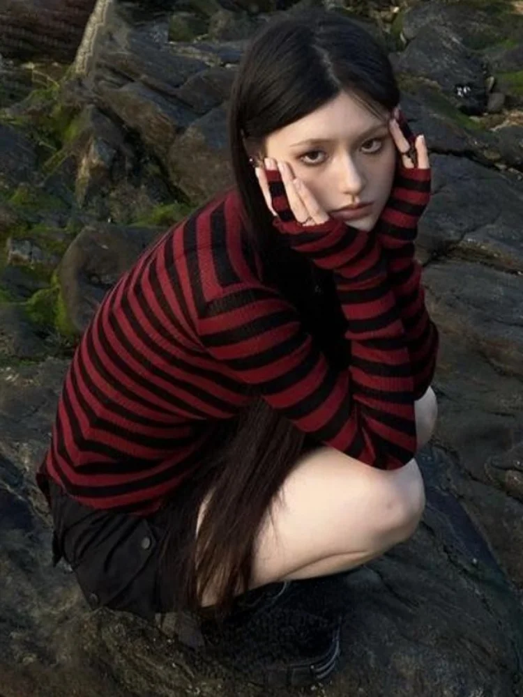 

2023 Y2k Aesthetic Striped Thin Sweater Womens Harajuku Knitted O Neck Pullovers Sueter Vintage Irregular Punk Gothic Jumper
