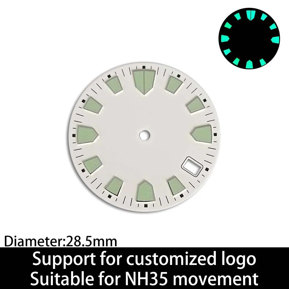 

28.5MM diameter single calendar watch dial green luminous dial is applicable to NH35/NH36 watch movement accessories, customized