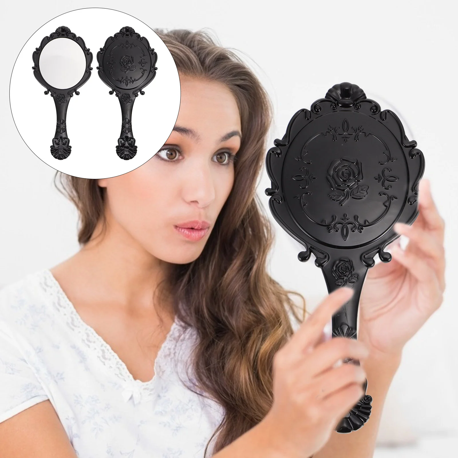 

Mirror Handheld Makeup Hand Portable Vintage Pocket Handle Travel Vanity Retro Beauty Women Compact Held Mirrors Magnifying The