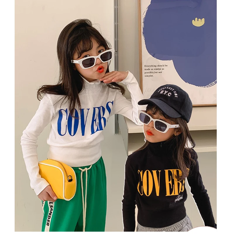 

Girls Zipper Tops Baby Short T-shirt 2022 Spring Fashion Letter Print Long Sleeve Cotton Kids Streetwear 4 5 6 8 10 years