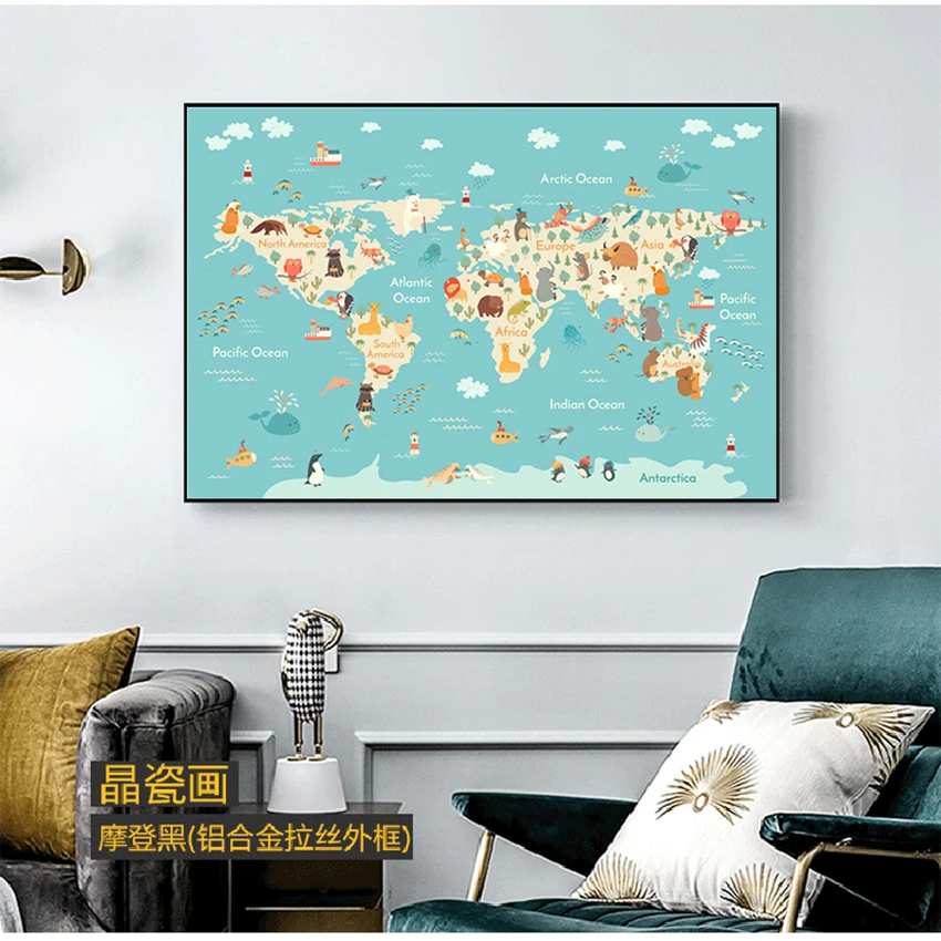 Мультяшные животные океан карта мира Детская фотография на холсте детская