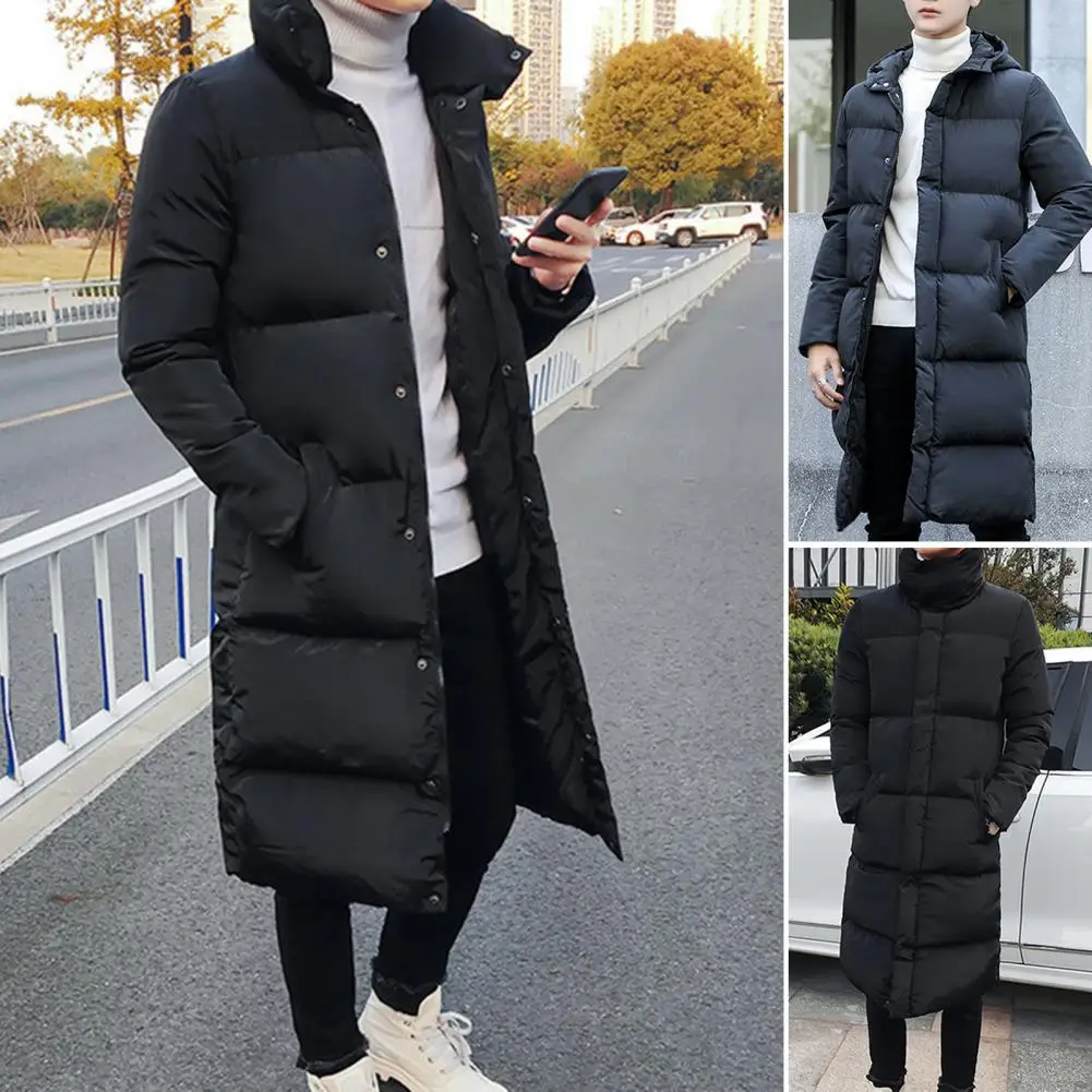 

Winter Hooded Men Jacket Cotton Padded Long Sleeve Men Coat Drawstring Mid-length Windbreaker Solid Color Warm Men Outerwear