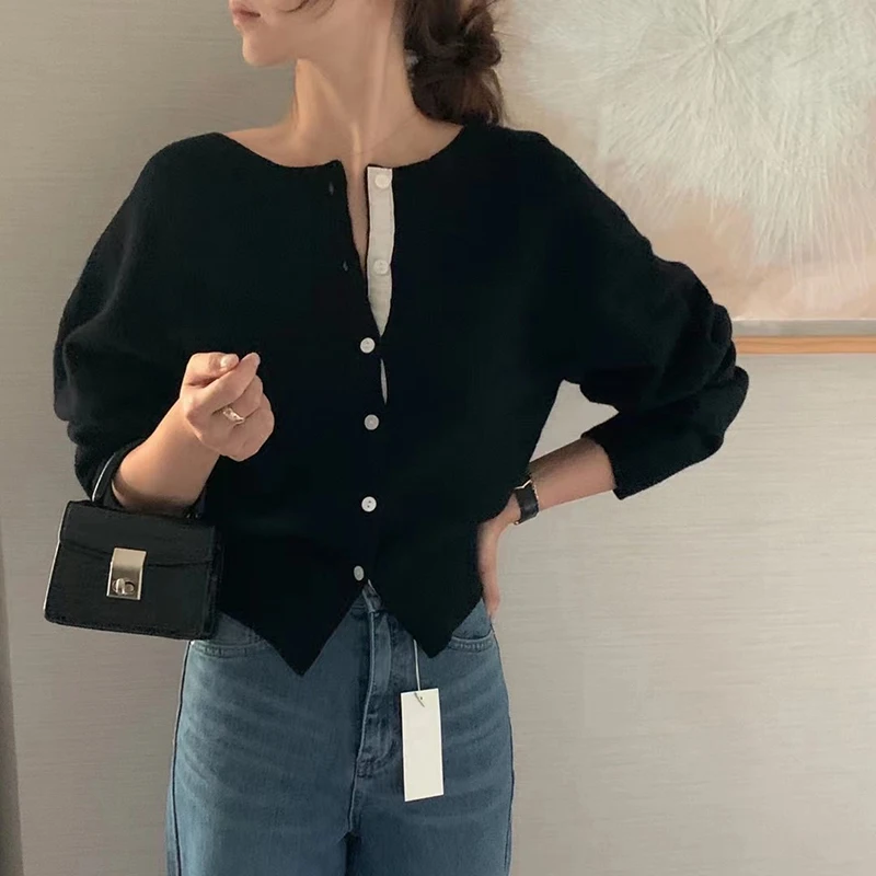 

Black Short Knitted Cardigan Women Spring Autumn Casual Korean O Neck Long Sleeve Jumper Jacket