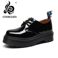 strongshen women shoes new european style black shoes flats round toe black lace up lady leather platform patent leather shoes