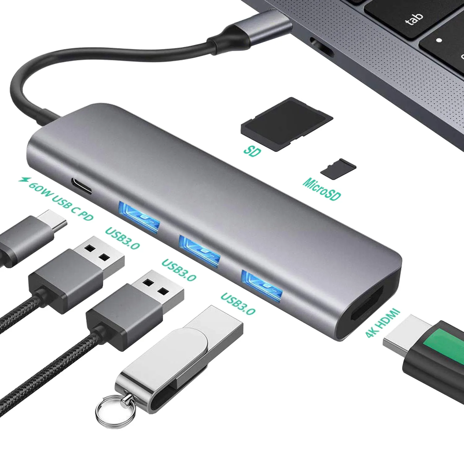 

USB-C seven-in-one HUB extended HDMI + USB3.0 * 3 + SD / TF + PD hub TYPE-C extension